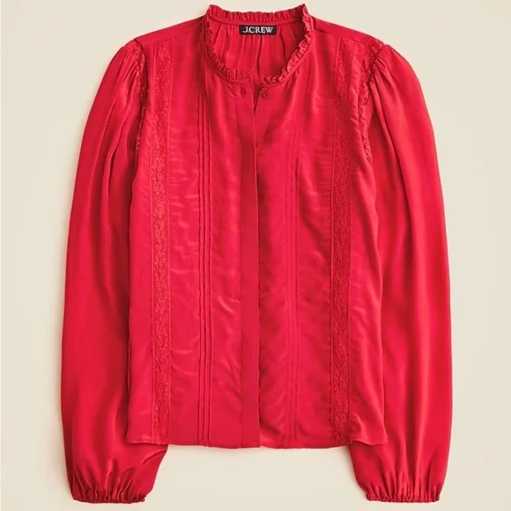 J. Crew Ruby Red Lace Trim Pintuck Button Down Blouse Top CN519